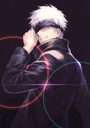 Rule 34 | 1boy, absurdres, black background, black jacket, blindfold, blindfold lift, blue eyes, circle, closed mouth, gojou satoru, hand up, high collar, highres, jacket, jujutsu kaisen, light particles, long sleeves, looking at viewer, male focus, nakamura eight, one eye covered, short hair, simple background, smile, solo, upper body, white hair