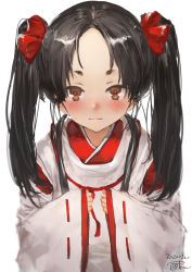Rule 34 | 1girl, alternate hairstyle, black hair, brown eyes, japanese clothes, kantai collection, kariginu, long hair, looking at viewer, miko, nisshin (kancolle), ribbon-trimmed sleeves, ribbon trim, short eyebrows, solo, thick eyebrows, toka (marchlizard), twintails, upper body, very long hair