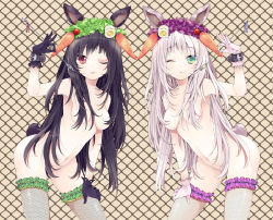 Rule 34 | 2girls, :&lt;, ;&lt;, animal ears, bad id, bad pixiv id, black gloves, black hair, body writing, breasts, carrot, censored, chain-link fence, convenient censoring, fence, fishnet legwear, fishnets, food as clothes, fork, frilled legwear, gloves, green eyes, hair censor, hair over breasts, hip focus, leaning forward, long hair, looking at viewer, medium breasts, multiple girls, nakayama miyuki, navel, nude, one eye closed, original, rabbit ears, rabbit tail, red eyes, smile, symmetry, tail, thighhighs, white gloves, white hair, wink
