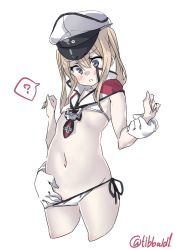Rule 34 | 10s, 1girl, ?, aged down, anchor, arm grab, arms at sides, bad id, bad twitter id, bare arms, bikini, bikini pull, blonde hair, blue eyes, blush, clothes pull, cowboy shot, cropped legs, cross, detached collar, ebifurya, flat chest, gloves, graf zeppelin (kancolle), hair between eyes, hat, highres, inactive account, iron cross, kantai collection, long hair, looking down, navel, necktie, open mouth, pale skin, peaked cap, pulling another&#039;s clothes, side-tie bikini bottom, sidelocks, simple background, solo focus, speech bubble, spoken question mark, stomach, striped necktie, striped neckwear, swimsuit, twintails, twitter username, white background, white bikini, white gloves