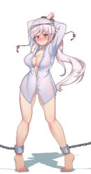 Rule 34 | 1girl, absurdres, arms up, bdsm, blush, bondage, bottomless, bound, breasts, censored, chain, cleavage, creeeen jjang, highres, large breasts, long hair, long sleeves, maplestory, ponytail, red eyes, shirt, solo, very long hair, white hair, white shirt