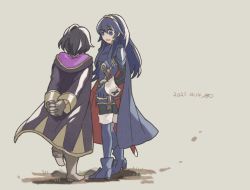 Rule 34 | 2girls, armor, arms behind back, batoson54, black hair, blue eyes, blue hair, boots, cape, dated, fingerless gloves, fire emblem, fire emblem awakening, full body, gloves, hair between eyes, long hair, looking at another, lucina (fire emblem), morgan (female) (fire emblem), morgan (fire emblem), multiple girls, nintendo, open mouth, pauldrons, sheath, short hair, shoulder armor, standing, thigh boots, thighhighs, tiara