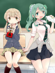 Rule 34 | 2girls, :d, absurdres, alternate costume, alternate hairstyle, arm support, black skirt, black socks, blonde hair, blue cardigan, blunt bangs, blush, bottle, breasts, cardigan, cardigan around waist, chair, chalkboard, check commentary, classroom, clothes around waist, commentary, commentary request, contemporary, desk, eating, feet out of frame, flat chest, food, frog hair ornament, green eyes, green hair, green neckwear, hair between eyes, hair ornament, hair ribbon, hair scrunchie, hairclip, highres, indoors, kneehighs, knees together feet apart, kochiya sanae, legs together, long sleeves, looking at viewer, loose necktie, medium breasts, moriya suwako, mukuroi, multiple girls, necktie, on desk, open mouth, plaid, plaid skirt, pleated skirt, pocky, ponytail, product placement, ribbon, school, school desk, school uniform, scrunchie, shirt, short hair, sidelocks, sitting, skirt, sleeves rolled up, smile, socks, striped neckwear, tile floor, tiles, touhou, twintails, water bottle, white shirt, yellow eyes