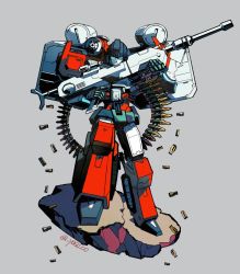 Rule 34 | 1980s (style), 1boy, artist request, autobot, blue eyes, cannon, full body, glowing, glowing eyes, grey background, gun, handgun, holding, holding gun, holding weapon, looking at viewer, male focus, no humans, oldschool, perceptor (transformers), pistol, retro artstyle, rifle, simple background, sniper rifle, solo, transformers, uniform, weapon