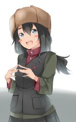 Rule 34 | 10s, 1girl, aged up, alternate hair length, alternate hairstyle, amai nekuta, black skirt, black vest, blue eyes, blush stickers, brown hair, brown hat, commentary request, fingers together, fur hat, girls und panzer, green jacket, hat, jacket, long hair, long sleeves, looking at viewer, military, military uniform, nina (girls und panzer), open mouth, pleated skirt, pravda military uniform, red shirt, shirt, skirt, smile, solo, standing, turtleneck, uniform, upper body, ushanka, vest, white background