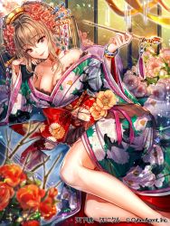 Rule 34 | 1girl, bare shoulders, blonde hair, breasts, brown eyes, choker, cleavage, comb, floral print, flower, full body, gem, gold, hair flower, hair ornament, hand on own cheek, hand on own face, head rest, holding, holding smoking pipe, japanese clothes, jewelry, kanzashi, kimono, kiseru, lace, legs, long hair, looking at viewer, lying, makeup, obi, off shoulder, official art, oiran, on side, original, sash, sidelocks, sila (carpen), smoking pipe, solo, sparkle, tassel, tenka touitsu chronicle