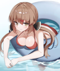 Rule 34 | 1girl, absurdres, bare arms, bare legs, bare shoulders, bikini, black bow, blush, bow, breasts, brown eyes, brown hair, closed mouth, collarbone, fathom, hair between eyes, hair bow, hair ornament, hairclip, highres, innertube, kantai collection, large breasts, long hair, low twintails, partially submerged, red bikini, smile, solo, swim ring, swimsuit, tashkent (kancolle), twintails, water