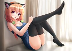 Rule 34 | 10s, 1girl, animal ears, black thighhighs, blush, breasts, cat ears, cleavage, collarbone, curtains, fake animal ears, feet, hair over shoulder, hairband, hand on own knee, highres, hinako note, kazenokaze, knees up, long hair, looking at viewer, low twintails, medium breasts, no shoes, nose blush, open mouth, orange hair, sakuragi hinako, school swimsuit, sitting, solo, swimsuit, thighhighs, twintails, wavy mouth, windowsill