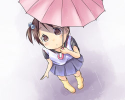 Rule 34 | 1girl, boots, brown eyes, brown hair, child, from above, hair bobbles, hair ornament, ichigo mashimaro, itou chika, looking up, natsukon, rain, rubber boots, side ponytail, skirt, solo, umbrella