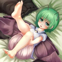 Rule 34 | 1girl, adworse, antennae, barefoot, bloomers, blush, cape, feet, female focus, foot focus, green eyes, green hair, legs up, lying, matching hair/eyes, no shoes, on back, on bed, open mouth, pants, unworn pants, short hair, soles, solo, toes, touhou, underwear, wriggle nightbug