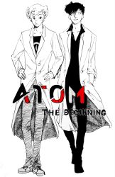 Rule 34 | 2boys, atom: the beginning, big nose, converse, copyright name, full body, hair over one eye, hands in pockets, hands on own hips, highres, lab coat, looking at viewer, male focus, multiple boys, ochanomizu hiroshi, pointy hair, shoes, short hair, simple background, sneakers, tenma umatarou, tetsuwan atom, tsubaakii, white background
