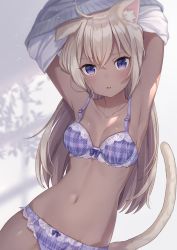 Rule 34 | 1girl, absurdres, ahoge, animal ear fluff, animal ears, armpits, arms up, bare shoulders, blue eyes, blush, bra, breasts, brown hair, cat ears, cat girl, cat tail, collarbone, dark-skinned female, dark skin, fang, highres, jimmy madomagi, lingerie, long hair, looking at viewer, mole, mole under eye, navel, original, panties, parted lips, plaid, purple bra, purple panties, small breasts, solo, stomach, sweater, tail, underwear, underwear only, undressing, upper body