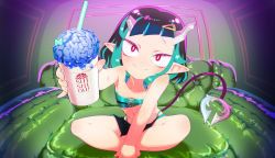 Rule 34 | 1girl, nanashi inc., belt, belt bra, black hair, black shorts, blue belt, blue hair, chaki (teasets), chest belt, closed mouth, commentary request, couch, cup, demon girl, demon horns, demon tail, drinking straw, fang, flat chest, full body, highres, holding, holding cup, horns, indian style, looking at viewer, medium hair, multicolored hair, pointy ears, red eyes, shishio chris, shorts, sitting, solo, sugar lyric, tail, two-tone hair, virtual youtuber