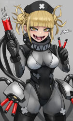 Rule 34 | 1girl, bags under eyes, blonde hair, blood, blunt bangs, bodysuit, boku no hero academia, breasts, double bun, fangs, grey bodysuit, gun, hair bun, hat, highres, holding, holding gun, holding weapon, looking at viewer, medium breasts, messy hair, narrowed eyes, nurse cap, sidelocks, skin tight, slit pupils, solo, sunao (70 the), syringe, test tube, thick thighs, thighs, toga himiko, tongue, tongue out, weapon, yellow eyes