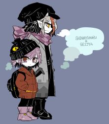 Rule 34 | 2girls, backpack, bag, belt, black hair, boots, breath, character name, checkered clothes, checkered scarf, coat, fang, fang out, from side, grey hair, height difference, kijin seija, looking at viewer, looking down, miracle mallet, multicolored hair, multiple girls, parted lips, pointy ears, profile, purple eyes, purple footwear, purple hair, purple scarf, red eyes, red hair, scarf, simple background, skullcap, streaked hair, sukuna shinmyoumaru, symbol-shaped pupils, touhou, turtleneck, windbreaker, winter clothes, winter coat, yt (wai-tei), zipper
