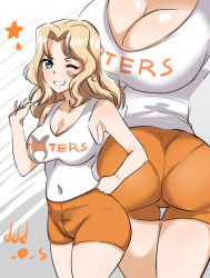 Rule 34 | 10s, 1girl, ass, bad id, bad pixiv id, bare shoulders, blonde hair, blue eyes, blush, breasts, cleavage, clothes writing, covered navel, employee uniform, girls und panzer, grin, hand on own hip, hooters, kay (girls und panzer), large breasts, long hair, looking at viewer, no legwear, one eye closed, orange shorts, pantylines, shorts, sketch, smile, solo, tank top, uniform, wavy hair, yusukesan