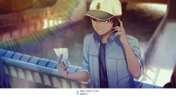 Rule 34 | 1boy, baseball cap, blue shirt, blurry, blurry background, brown hair, character name, collared shirt, dress shirt, hat, hattori heiji, holding, holding phone, lens flare, male focus, meitantei conan, monicanc, open clothes, open shirt, outdoors, phone, shirt, sleeves rolled up, solo, talking on phone, upper body, white hat, wing collar
