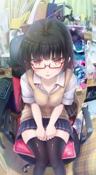 Rule 34 | 1girl, bag, bedroom, black hair, black thighhighs, blanket, blue skirt, blunt bangs, blush, book, bookshelf, breasts, breasts squeezed together, canvas (object), chair, collarbone, collared shirt, curtains, cyanomirahi, desk lamp, from above, glasses, headphones, headphones removed, highres, indoors, keyboard (computer), knees together feet apart, lamp, looking at viewer, messy room, miniskirt, mouse (computer), mousepad (object), office chair, on chair, original, paint tube, paintbrush, painting (object), parted lips, photo (object), plaid, plastic bag, pleated skirt, red-framed eyewear, red eyes, school uniform, shelf, shirt, short sleeves, sitting, skirt, small breasts, solo, sparkle, sweater vest, swivel chair, thighhighs, white shirt, zettai ryouiki