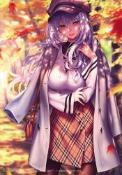 Rule 34 | 1girl, absurdres, autumn, autumn leaves, bag, blurry, blurry background, branch, breasts, buttons, coat, coat on shoulders, fingernails, forest, green eyes, hand up, handbag, hanikami kanojo, hat, head tilt, highres, lips, long hair, long sleeves, looking at viewer, medium breasts, mole, mole under eye, nature, open mouth, pantyhose, piromizu, purple hair, scan, simple background, skirt, solo, standing, tree