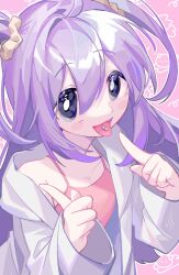 Rule 34 | 1girl, :3, black eyes, blush stickers, bright pupils, camisole, coat, commentary request, du dianhua (kyoddao), hair ornament, hair scrunchie, hands up, highres, index fingers raised, lab coat, leaning forward, long hair, long sleeves, looking at viewer, off shoulder, okusuri nonde neyou (vocaloid), open clothes, open coat, outline, pill in mouth, pink background, pink camisole, purple hair, raised eyebrows, scrunchie, solo, spaghetti strap, tongue, tongue out, two side up, upper body, vocaloid, white coat, white outline, white pupils