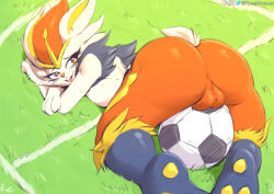 Rule 34 | 1boy, animal ears, animal feet, animal nose, artist name, ass, ball, blue fur, body fur, cinderace, creatures (company), crossed arms, furry, furry male, game freak, gen 8 pokemon, grass, highres, looking back, male focus, multicolored fur, nintendo, open mouth, outdoors, pokemon, pokemon (creature), rabbit boy, rabbit ears, rabbit tail, red eyes, red fur, signature, smile, soccer ball, solo, teeth, testicles, top-down bottom-up, upper teeth only, viejillox, white fur, yellow fur