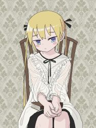 Rule 34 | 1girl, black ribbon, blonde hair, blush stickers, book, chair, closed mouth, dress, fingernails, gishiki (gshk), highres, kill me baby, long hair, long sleeves, looking at viewer, neck ribbon, purple eyes, ribbon, ringed eyes, sitting, solo, sonya (kill me baby), twintails, white dress