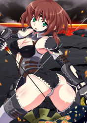 Rule 34 | 00s, 1girl, armor, arrow (projectile), ass, bikini, bikini top only, black bikini, bow (weapon), brown hair, detached collar, green eyes, holding, leotard, long sleeves, looking at viewer, looking back, master of epic, lava, senzoc, solo, standing, swimsuit, thighhighs, weapon