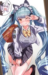 Rule 34 | 2girls, :p, admi (nikke), animal ears, backpack, bag, black skirt, blue hair, blush, bow, bowtie, breasts, cat ears, chibi, chibi inset, collared shirt, cosplay, drill hair, fake animal ears, goddess of victory: nikke, grey sweater, highres, jacket, large breasts, light blue hair, long hair, lunati nikke, maid headdress, multiple girls, one eye closed, pleated skirt, privaty (nikke), randoseru, shirt, skirt, sweater, thighhighs, tongue, tongue out, twin drills, twintails, v over eye, very long hair, white jacket, white shirt, white thighhighs, yellow bow, yellow bowtie, yellow eyes