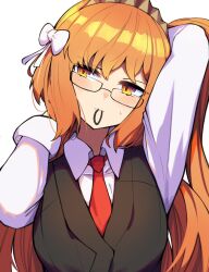 Rule 34 | 1girl, alternate eye color, black vest, bow, collared shirt, glasses, hair bow, hairband, highres, ishmael (project moon), limbus company, long hair, long sleeves, looking to the side, necktie, orange eyes, orange hair, project moon, red necktie, shirt, simple background, solo, upper body, very long hair, vest, vinsycal, white background, white bow, white shirt