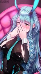 Rule 34 | 1girl, animal ears, aqua necktie, azur lane, black leotard, blue hair, blush, bodystocking, boise (azur lane), boise (sheepish sapphire) (azur lane), braid, breasts, chair, covering own mouth, detached sleeves, ex saki, fake animal ears, fingernails, full-face blush, hands over own mouth, highres, large breasts, leotard, light blue hair, looking at viewer, mechanical ears, necktie, official alternate costume, rabbit ears, side braid, sitting, skin tight, solo, strapless, strapless leotard, yellow eyes