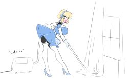 Rule 34 | 1girl, aegis (persona), bent over, blonde hair, breasts, dress, empty eyes, female focus, full body, gloves, high heels, housewife, huge breasts, indoors, lips, persona, persona 3, robot, sealguy, shoes, short hair, solo, standing, vacuum cleaner, white background