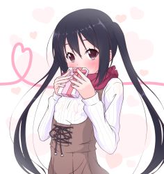 Rule 34 | 1girl, aran sweater, black hair, blush, box, brown eyes, cable knit, gift, gift box, heart, k-on!, k10k, long hair, nakano azusa, ribbed sweater, scarf, solo, sweater, twintails, valentine
