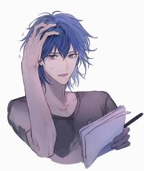 Rule 34 | 1boy, bad id, bad lofter id, blue hair, bruno (yu-gi-oh!), cropped torso, grey eyes, grey shirt, hand on own head, hands up, highres, holding, holding paper, holding pen, looking to the side, male focus, medium hair, naoki (2rzmcaizerails6), nervous smile, open mouth, paper, pen, scratching head, shirt, simple background, smile, solo, sweatdrop, t-shirt, upper body, white background, yu-gi-oh!, yu-gi-oh! 5d&#039;s