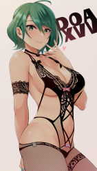Rule 34 | 1girl, aqua hair, arm behind back, breasts, cleavage, dead or alive, dead or alive 6, dead or alive xtreme venus vacation, female focus, green eyes, green hair, green nails, hair between eyes, heart, highres, konishiki (52siki), large breasts, lingerie, looking at viewer, matching hair/eyes, mole, mole under eye, multicolored hair, nail polish, navel, o-ring, simple background, smile, solo, streaked hair, tamaki (doa), underboob, underwear, underwear only, white background