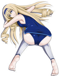 Rule 34 | 10s, 1girl, ao (time-leap), ass, bad id, bad pixiv id, barefoot, blonde hair, blue eyes, bodysuit, breasts, cecilia alcott, drill hair, feet, female focus, full body, hair between eyes, hairband, halterneck, highres, infinite stratos, long hair, pilot suit, presenting, simple background, smile, solo, thighhighs, very long hair, white background, white thighhighs, wide hips