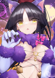 Rule 34 | 1girl, absurdres, animal ears, bikini, black hair, bow, breasts, cosplay, elbow gloves, fake animal ears, fate/grand order, fate (series), fingernails, fur-trimmed gloves, fur bikini, fur collar, fur trim, gloves, highres, katou danzou (fate), large breasts, mash kyrielight, mash kyrielight (dangerous beast), mash kyrielight (dangerous beast) (cosplay), moon, moyashi (pixiv44153669), o-ring, o-ring bikini, pink bow, purple gloves, revealing clothes, silk, solo, spider web, swimsuit, upper body, yellow eyes