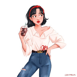 Rule 34 | 1girl, absurdres, artist name, belt, black hair, brown belt, brown eyes, commentary, commission, contrapposto, cup, denim, disposable cup, english commentary, hairband, hand on own hip, high-waist pants, highres, holding, holding cup, ice, ice cube, jeans, judit mallol, lipstick, looking to the side, makeup, medium hair, off shoulder, original, pants, red hairband, red lips, shirt, signature, sleeves rolled up, solo, torn clothes, torn pants, white shirt