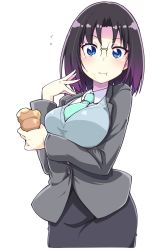Rule 34 | 10s, 1girl, :t, black hair, blazer, blue sweater, blush, breasts, collared shirt, dragon girl, elma (maidragon), food, food on face, formal, framed breasts, glasses, gradient hair, green necktie, highres, holding, holding food, jacket, kobayashi-san chi no maidragon, large breasts, looking at viewer, multicolored hair, necktie, office lady, parted bangs, pencil skirt, rimless eyewear, shirt, short hair, simk, simple background, skirt, skirt suit, slit pupils, solo, suit, sweater, sweater vest, white background, wing collar, yamabuki zarame