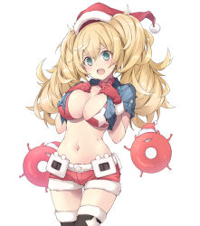 Rule 34 | 1girl, bikini, blonde hair, blue eyes, blush, breast pocket, breasts, christmas, cleavage, cowboy shot, enemy lifebuoy (kancolle), fur-trimmed headwear, fur trim, gambier bay (kancolle), gloves, hair between eyes, hat, highres, kantai collection, large breasts, long hair, open mouth, pocket, red bikini, red gloves, red headwear, sakana (flame sakana), santa costume, santa gloves, santa hat, short sleeves, swimsuit, twintails, white background