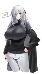 Rule 34 | 1girl, alternate breast size, alternate costume, arknights, black coat, black sweater, breasts, coat, commentary, cropped legs, emoji, gladiia (arknights), grey hair, hair over one eye, highres, horn/wood, large breasts, long hair, looking at viewer, open clothes, open coat, pants, pointy ears, red eyes, simple background, speech bubble, spoken emoji, sweater, turtleneck, turtleneck sweater, white background, white pants