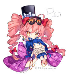 Rule 34 | 1girl, bangle, black hat, bracelet, character doll, coat, doll, drill hair, earrings, eyewear on head, hat, highres, holding, holding doll, jewelry, light brown hair, long hair, purple coat, round eyewear, simple background, solo, sunglasses, todomaki41, top hat, touhou, twin drills, twintails, twitter username, upper body, white background, wide sleeves, yellow eyes, yorigami jo&#039;on, yorigami shion