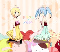 Rule 34 | 2girls, ahoge, aqua eyes, bad id, bad pixiv id, blue eyes, blue hair, colorful x melody (vocaloid), detached sleeves, dress, hatsune miku, kagamine rin, kneeling, multiple girls, nattumi, project diva, project diva (series), project diva 2nd, short hair, smile, strapless, strapless dress, thighhighs, twintails, vocaloid