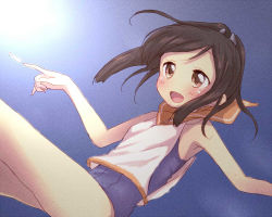 Rule 34 | 10s, 1girl, :d, black hair, brown eyes, fish, i-401 (kancolle), kantai collection, lens flare, open mouth, ponytail, sa ioio, sailor collar, school swimsuit, smile, solo, swimsuit, swimsuit under clothes, underwater, you-1110