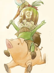 Rule 34 | animal, armpits, arms up, bad id, bad pixiv id, capcom, cha-cha, colored skin, creature, green skin, holding, holding weapon, leaf, mask, monster hunter, monster hunter (series), monster hunter 3, motion blur, no humans, pig, poogie, riding, simple background, staff, uno ichi, weapon, yellow background