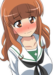 Rule 34 | 1girl, absurdres, blouse, blunt bangs, blush, closed mouth, commentary, frown, girls und panzer, highres, long hair, long sleeves, looking at viewer, neckerchief, ooarai school uniform, orange eyes, orange hair, sailor collar, school uniform, serafuku, shirt, simple background, solo, takebe saori, wakku kan, white background, white sailor collar, white shirt