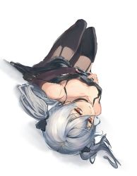 Rule 34 | asymmetrical gloves, black thighhighs, breasts, choker, dress, fingerless gloves, garter straps, gloves, granblue fantasy, hair ribbon, lying, on back, orchis, ponzu (catponz), red eyes, ribbon, small breasts, solo, thighhighs, twintails, uneven gloves, white hair