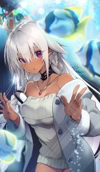 Rule 34 | 10mo, 1girl, ahoge, aquarium, bare shoulders, blush, braid, breasts, buttons, choker, coat, collarbone, dark-skinned female, dark skin, dress, fate/grand order, fate (series), fish, grey coat, jewelry, lakshmibai (fate), long hair, long sleeves, looking at viewer, medium breasts, necklace, off shoulder, official art, open clothes, open coat, open mouth, pendant, red eyes, sidelocks, solo, sweater, sweater dress, twin braids, white dress, white hair