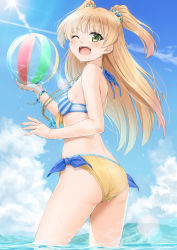 Rule 34 | 1girl, ;d, ass, ball, bare arms, bare shoulders, beachball, bikini, blonde hair, blue bikini, blue ribbon, blue sky, blush, bracelet, breasts, cloud, day, from side, glint, green eyes, holding, holding ball, idolmaster, idolmaster cinderella girls, jewelry, jougasaki rika, lake, lens flare, long hair, looking at viewer, looking to the side, miri (ago550421), mismatched bikini, mountainous horizon, necklace, one eye closed, open mouth, outdoors, ribbon, side-tie bikini bottom, signature, sky, small breasts, smile, solo, star (symbol), striped bikini, striped bikini top, striped clothes, swimsuit, tareme, teeth, two side up, upper teeth only, wading, water, water drop, yellow bikini