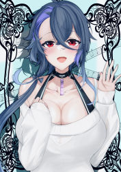Rule 34 | 1girl, absurdres, azur lane, bare shoulders, black choker, blue hair, breasts, choker, cleavage, foch (azur lane), foch (rainbow rendezvous) (azur lane), highres, huge breasts, looking at viewer, multicolored hair, musical note, off-shoulder sweater, off shoulder, official alternate costume, open mouth, purple hair, red eyes, sheet music, short hair with long locks, solo, sweater, two-tone hair, upper body, ville87804, white sweater