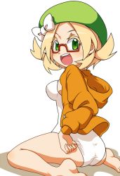 Rule 34 | 10s, alternate costume, ass, bianca (pokemon), blonde hair, colored eyelashes, creatures (company), from side, full body, game freak, glasses, green eyes, green hat, hat, kotomuke fuurin, nintendo, one-piece swimsuit, pocket, pokemon, pokemon bw, pokemon bw2, short hair, simple background, sitting, solo, spread legs, swimsuit, swimsuit under clothes, teeth, thighs, upper teeth only, white background, white one-piece swimsuit